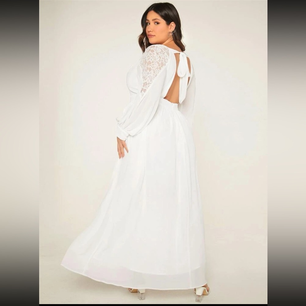 🆕👰‍♀️ SHEIN Belle Plus Lace Panel Tie Backless Wedding Dress